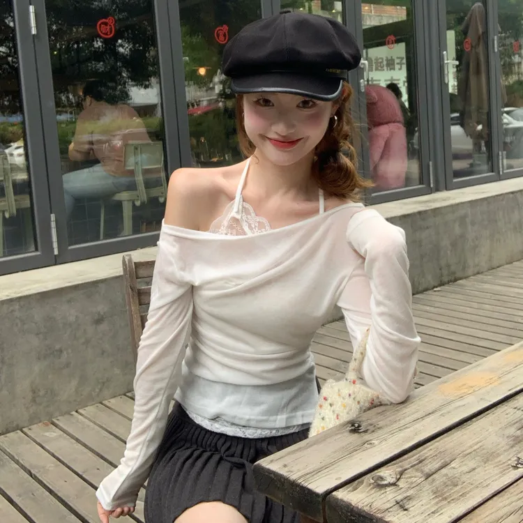 韩系小众气质假两件斜肩荡领长袖T恤女时尚百搭绝美别致外穿上衣
