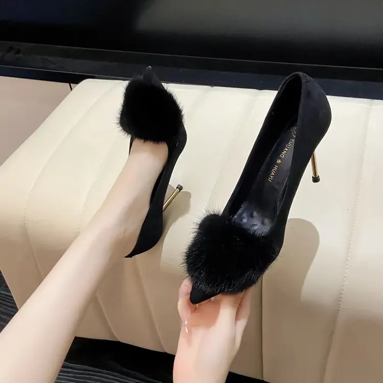 【现货】冬季加绒保暖防寒上脚超美御姐真皮水貂毛高跟鞋女细跟单鞋