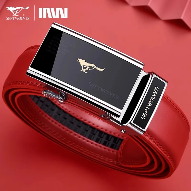 七匹狼红皮带男士真皮自动扣百搭本命年新款正品年轻人牛皮裤腰带