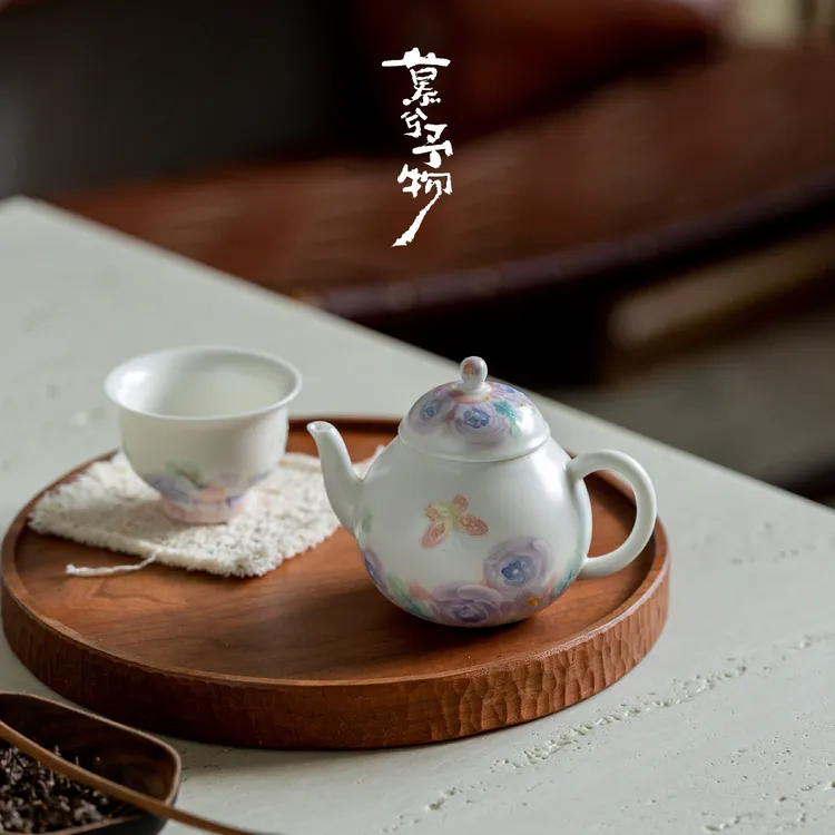慕兮手绘花影茶壶高颜值陶瓷小梨壶新中式精致泡茶壶一人饮茶具