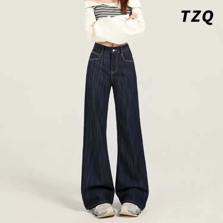 美式复古深蓝微喇牛仔裤女秋季百搭显瘦肌理感拖地长裤TZQ2591303