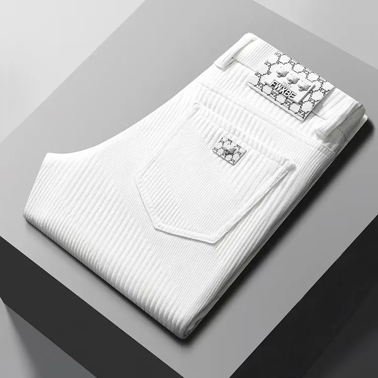 冬季男士轻奢提花白色时尚商务休闲裤修身直筒灯芯绒百搭弹力长裤