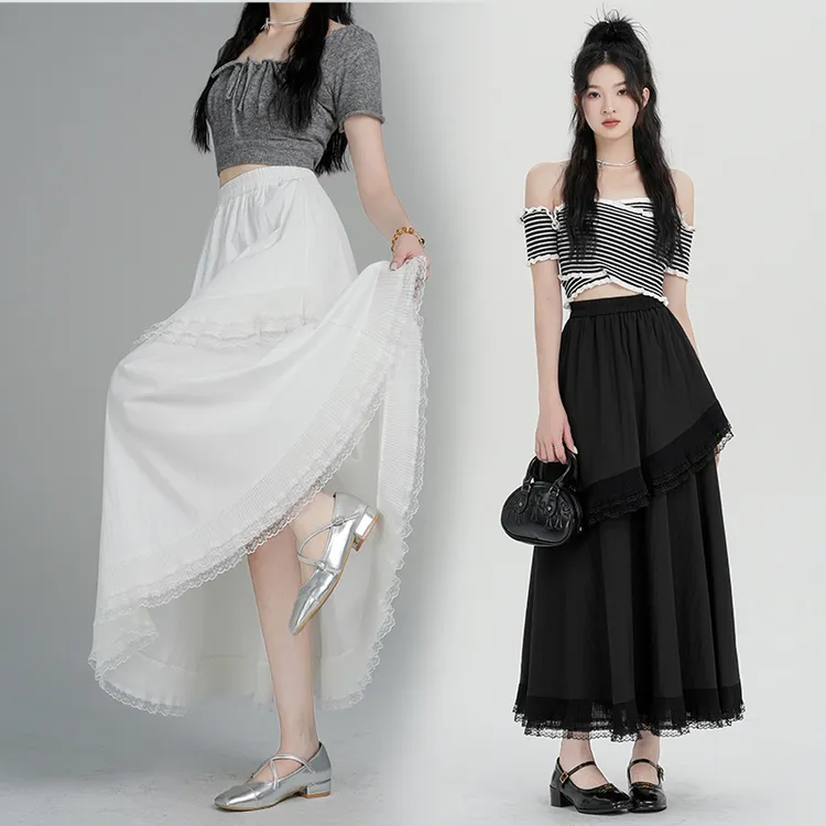 2025新款蕾丝拼接洋气半身裙松紧高腰显瘦垂感荷叶边a字大摆长裙