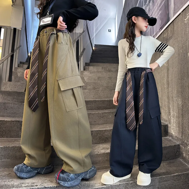 女童春秋款工装裤2025新款儿童秋季棉布裤子中大童宽松休闲阔腿裤