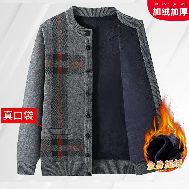 中老年人加绒加厚针织外套爸爸秋冬季系扣开衫毛衣爷爷保暖上衣服