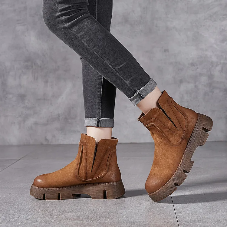 铂帝思真皮女短靴切尔西靴厚底增高松紧带一脚蹬头层牛皮女靴