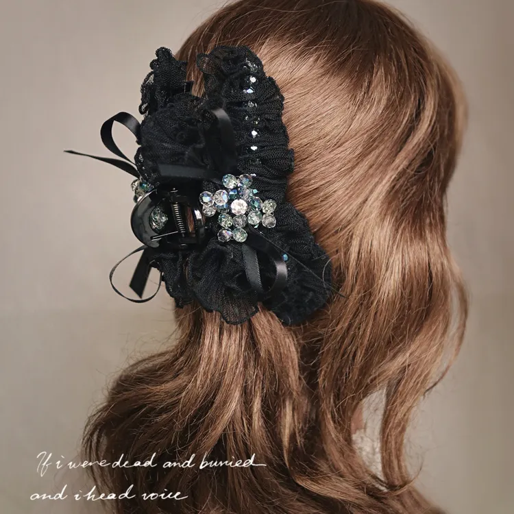 优雅黑色水晶蕾丝抓夹高级感女盘发大号鲨鱼夹子后脑勺显发量发抓