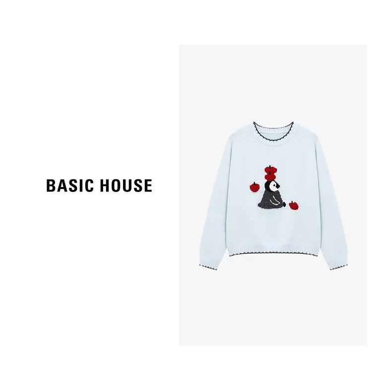 Basic House/百家好胸前的 “企鹅 + 红苹果提花毛衣-B0625B5RRL2