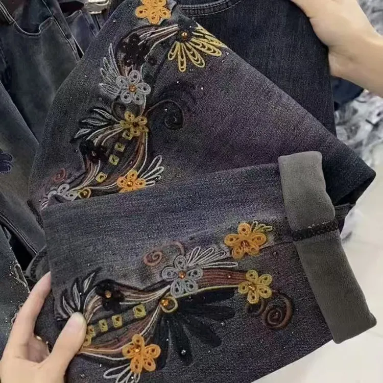 5373(加绒)重工艺牛仔老爹裤(无腰带)