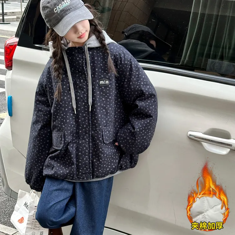 韩系高品质女童6-12岁冬装碎花夹棉加厚棉外套15学生假两件连帽