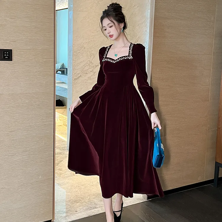 Pretty小众设计师品牌江江定制 法式方领气质轻奢连衣裙80306