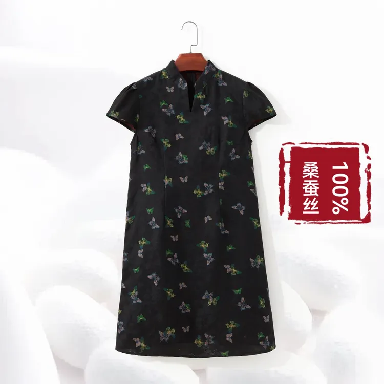 【100%桑蚕丝香妃连衣裙】蝴蝶印花连衣裙香云纱老料连衣裙dz308