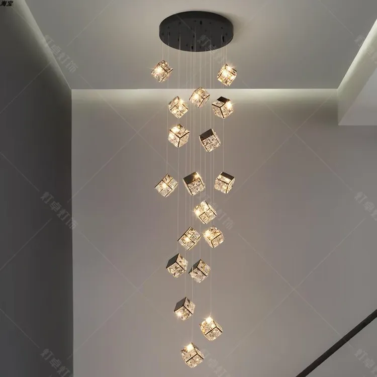 轻奢loft挑高楼梯间吊灯现代简约小复式楼别墅客厅水晶旋转长吊灯