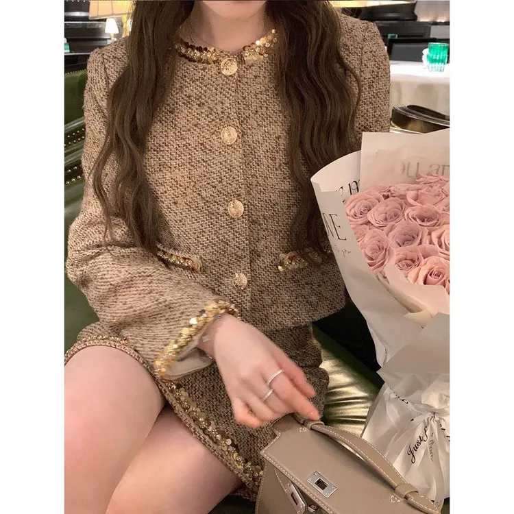 高级感小香风金色编织亮片羊毛呢短外套女圆领钉珠洋气短裙套装