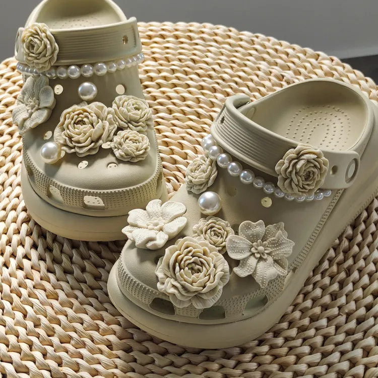 珍珠落日骨白花束洞洞鞋鞋花装饰配件卡扣diy可拆卸适配泡芙云朵