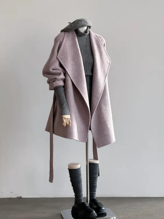 雪花紫双面羊毛大衣女2024年秋冬新款韩系立领温柔小个子羊毛外套