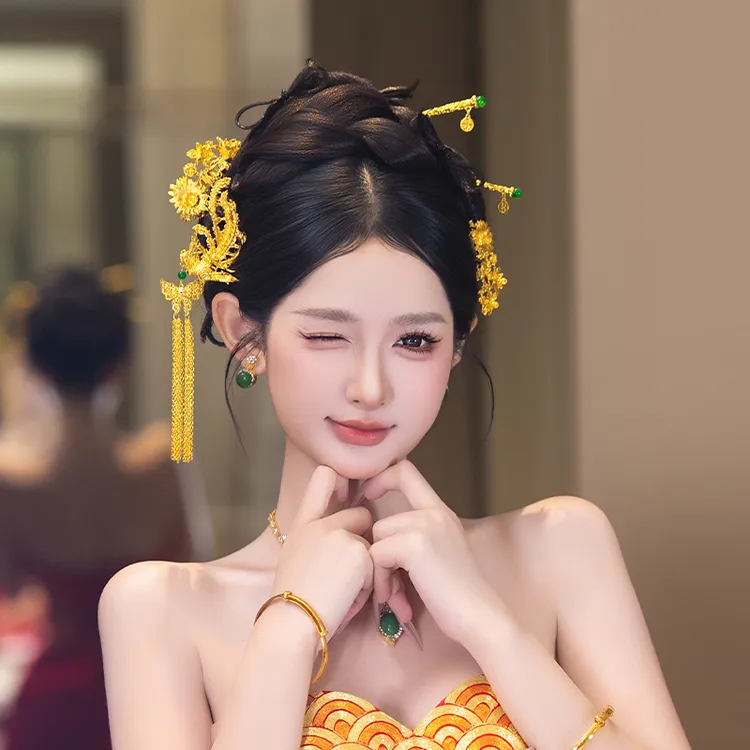 合金婚庆饰品 新娘中式婚礼金色花朵减龄精致蝴蝶流苏发饰MT0149