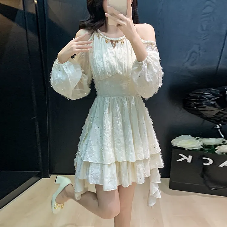 露肩亮片收腰复古长袖连衣裙气质显瘦仙女裙裙子蕾丝碎花高腰夏季