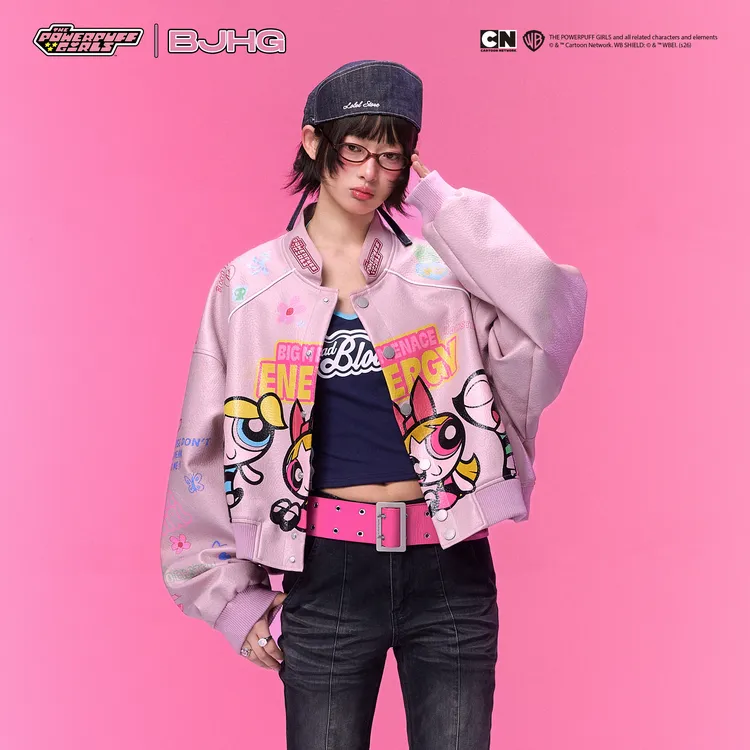 【飞天小女警联名】BJHG不计后果短款皮衣外套女春印花棒球服夹克男
