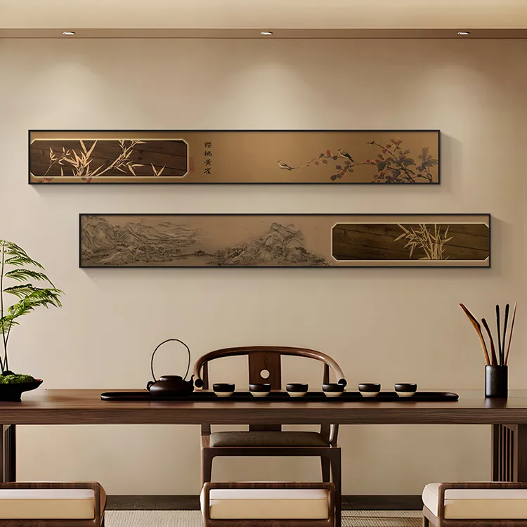 中古风茶室挂画新中式客厅沙发背景图装饰画双联床头挂画宋代壁画