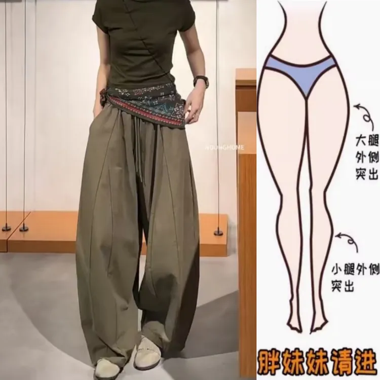 景倩妮时髦军绿色弯刀休闲裤2025早秋新款梨形高腰显瘦宽松阔腿裤