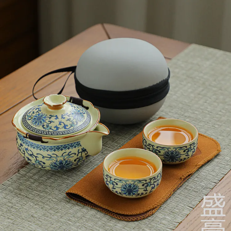 青花汝窑便携式茶具套装车载户外陶瓷泡茶壶茶杯单人泡茶专用防烫