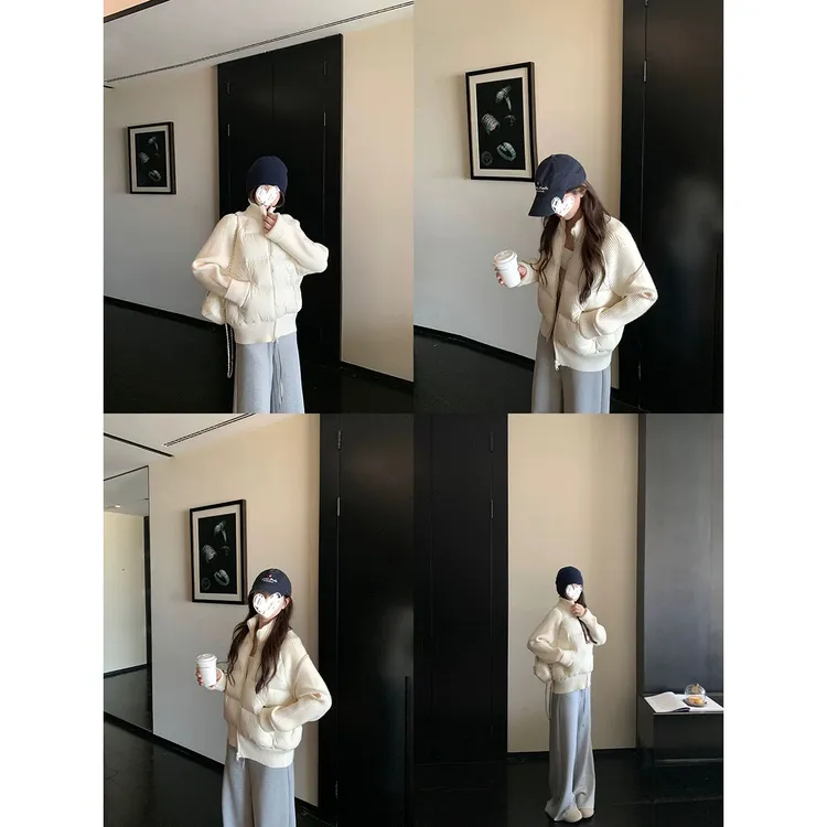 进阶温暖系 针织插肩袖拼接短款棉服外套女