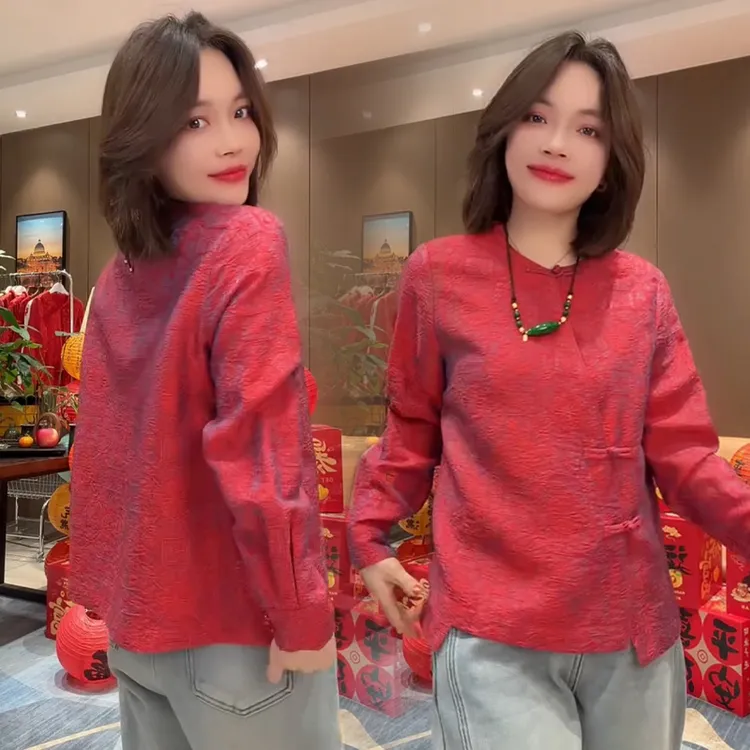 国风打底衫女斜襟盘扣设计圆领开衫上衣冬季新款提花内搭打底上衣