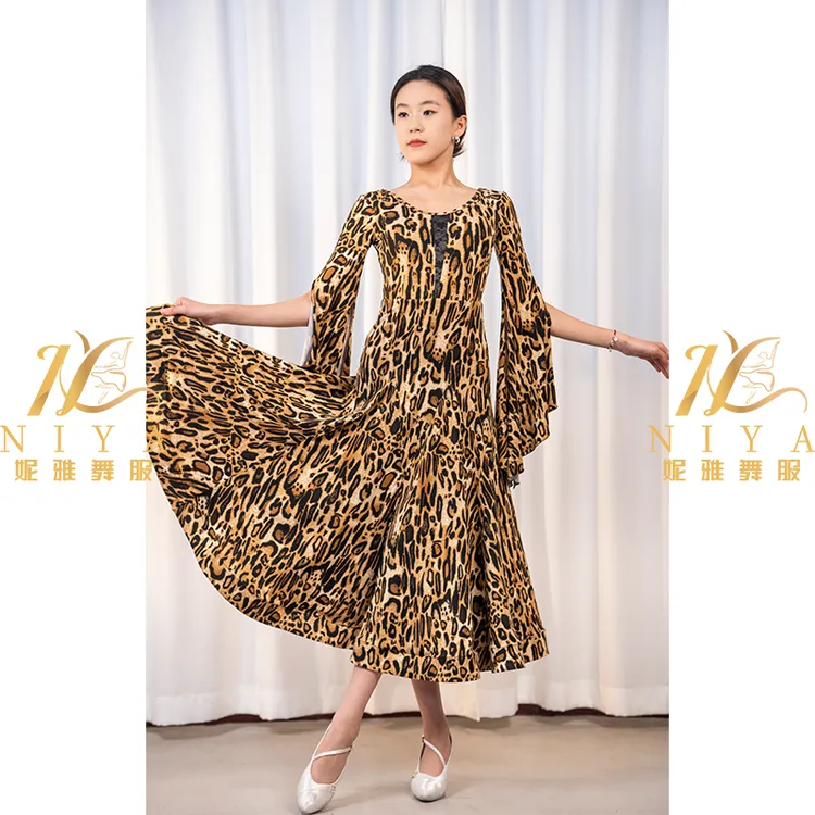 新款摩登舞豹纹黑色鱼骨显瘦女士交谊舞连衣裙长袖国标舞服