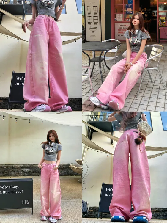 婉君【3D樱花粉】夏季韩版街头时尚阔腿休闲牛仔裤LWJ25B2K1015