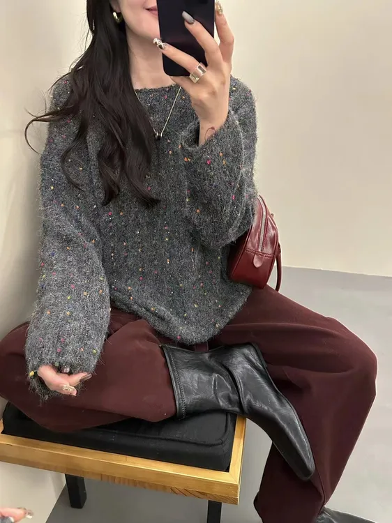彩点星空/慵懒风羊毛混纺亮片重工气质秋款针织衫套头女宽松显瘦
