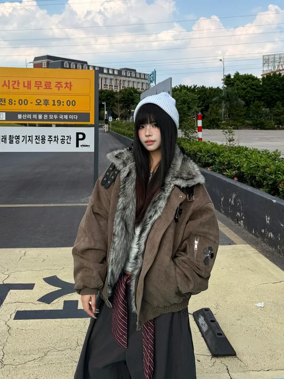 BO潮牌复古美拉德肌理感外套男女冬季宽松十字架贴皮刺绣棉服外套