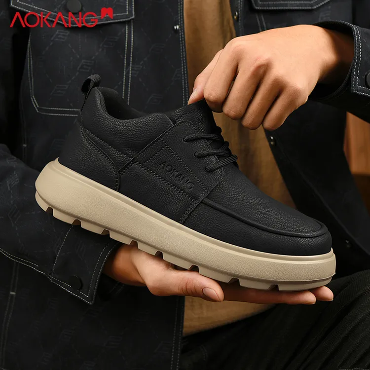 Aokang/奥康2025冬季增高工装靴保暖时尚休闲马丁靴潮流防滑男鞋