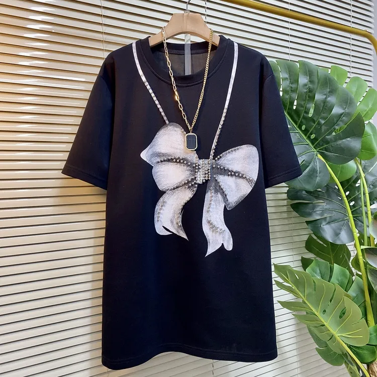 春季新款大码女装时尚百搭蝴蝶结印花显瘦中长款T恤