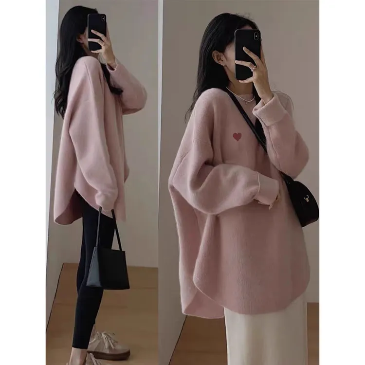 秋冬新款德绒加厚粉色长袖t恤通用中长款洋气宽松上衣遮屁股打底
