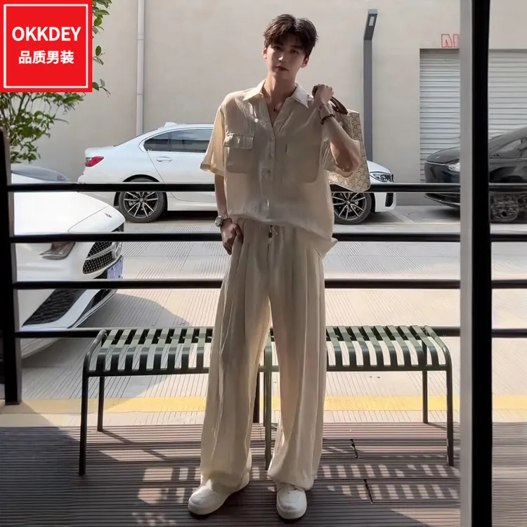 时尚套装男士夏季新款老钱风短袖衬衫男士高级感棉麻休闲裤两件套