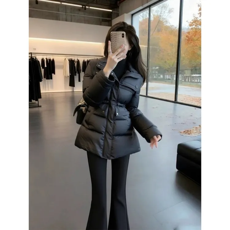 【现货】棉服女款冬季高级感独特超好看气质收腰保暖中长款黑色夹棉