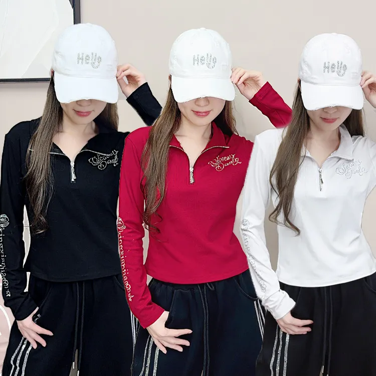 纤伽【磨毛拉绒】拉链翻领闪钻秋冬长袖高弹力T恤时尚烫钻韩版长袖