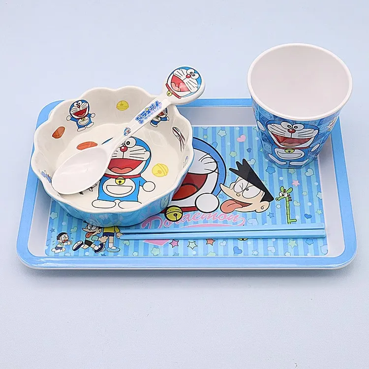 叮当碗宝宝吃饭碗托盘水杯卡通碗可爱防摔花边碗仿瓷密胺儿童餐具