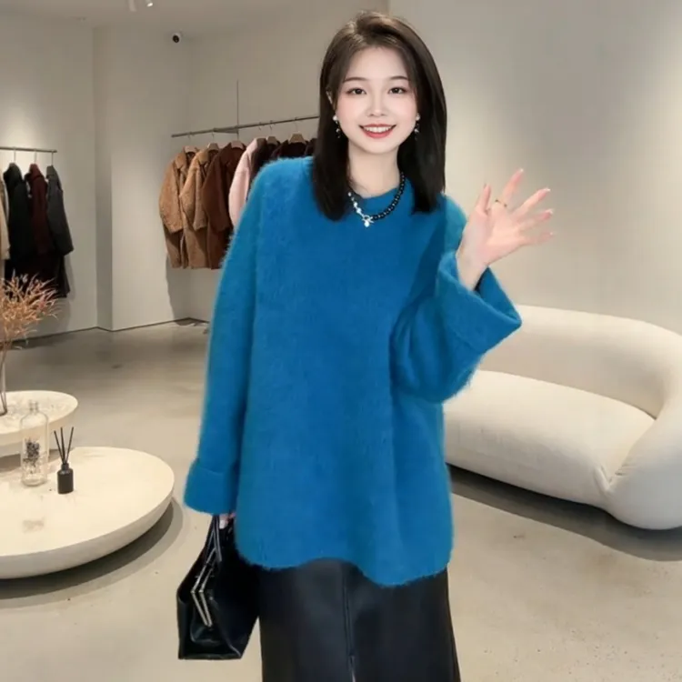 温柔慵懒风双层领毛衣女2025冬季大码胖MM宽松长袖保暖针织衫上衣