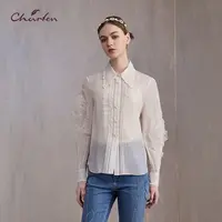 CHARFEN朝峰复古真丝欧根纱蕾丝桑蚕丝雪纺衫CFE3B121-1033T