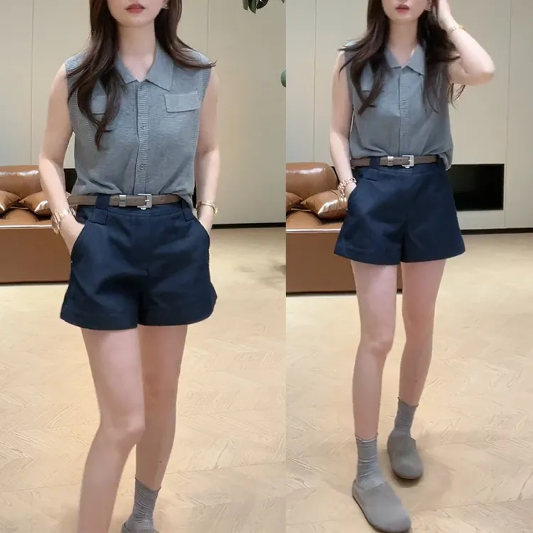 小个子高级感流行时尚女装套装2025年夏季新款无袖上衣短裤两件套