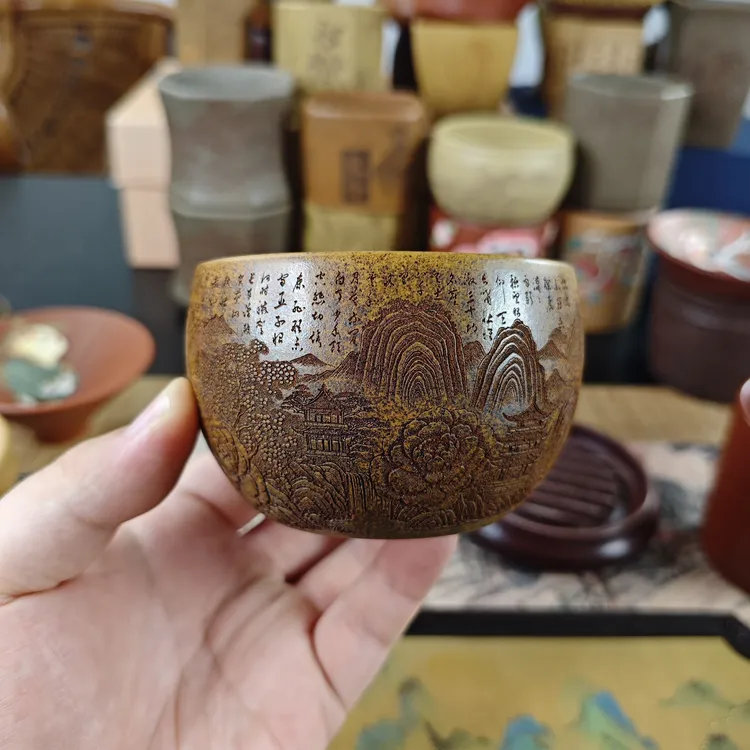 宜兴原矿正宗紫砂茶杯龙骨金砂浮雕刻大容量泡茶个人专用紫砂茶杯