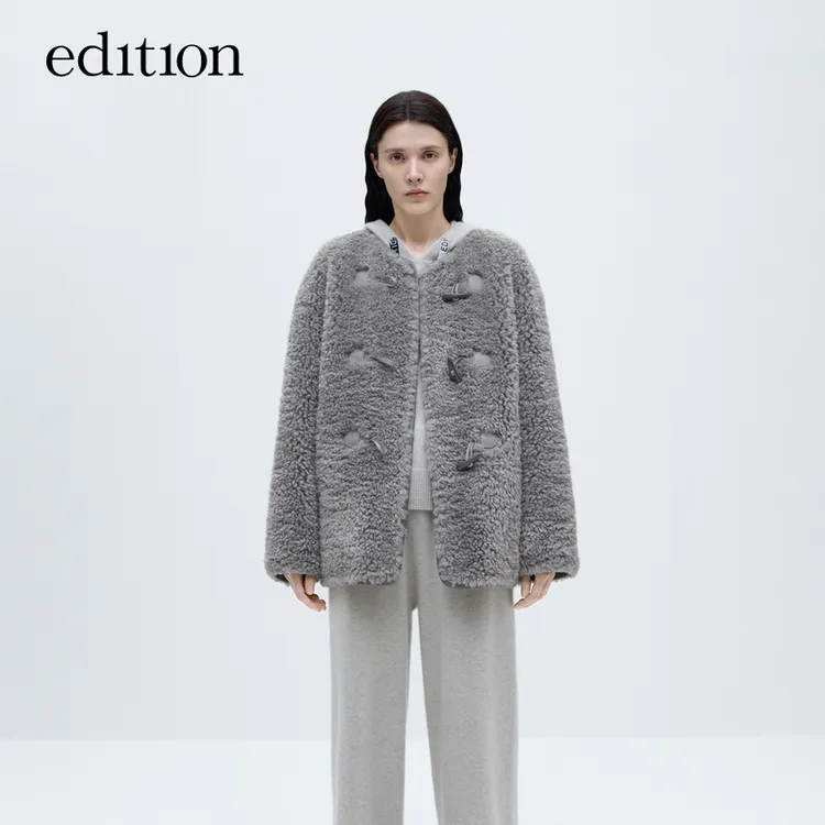 edition毛绒外套女牛角扣泰迪灰色外套#EBC4COTK03