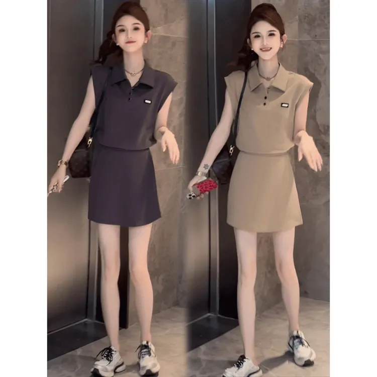 无袖两件套气质潮半身领上衣夏季女套装新款减龄2025时尚polo裤裙