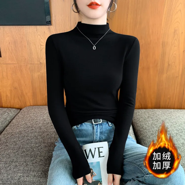 加绒半高领打底衫女内搭秋冬新款高级感修身百搭立领加厚保暖上衣