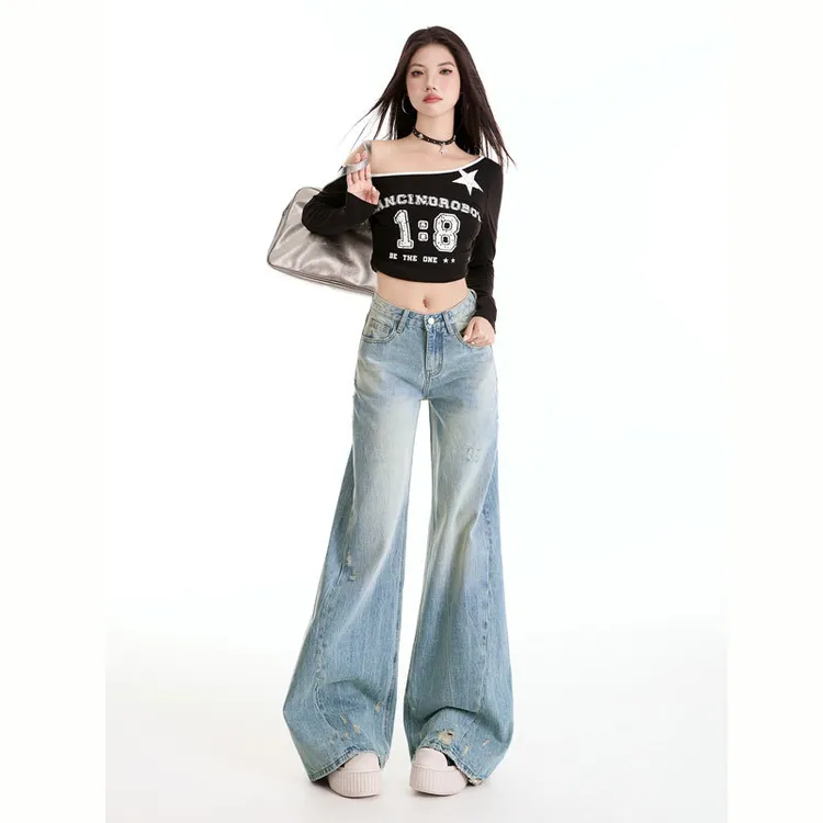 2025新款女裤浅蓝色慵懒感阔腿显瘦重工搓烂折痕设计复古水洗拖地