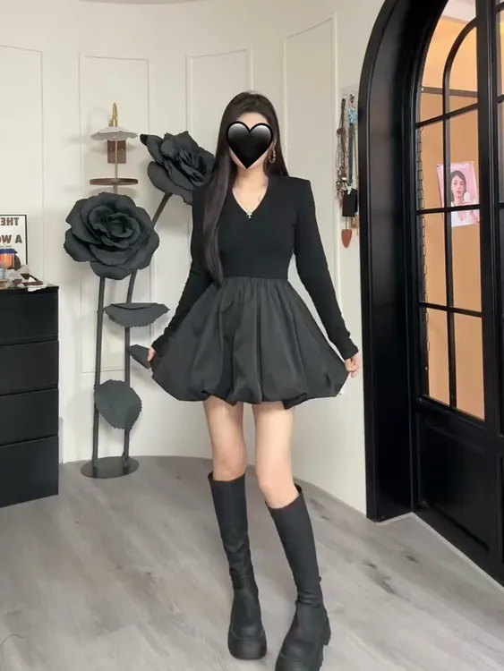 秋冬韩系气质辣妹赫本风花苞裙个性拼接简约显瘦短款连衣裙943841