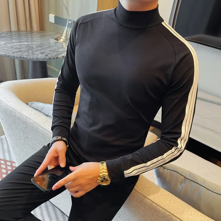 猎撒男士长袖白色T恤新款百搭半高领修身中领内搭打底衫上衣潮流