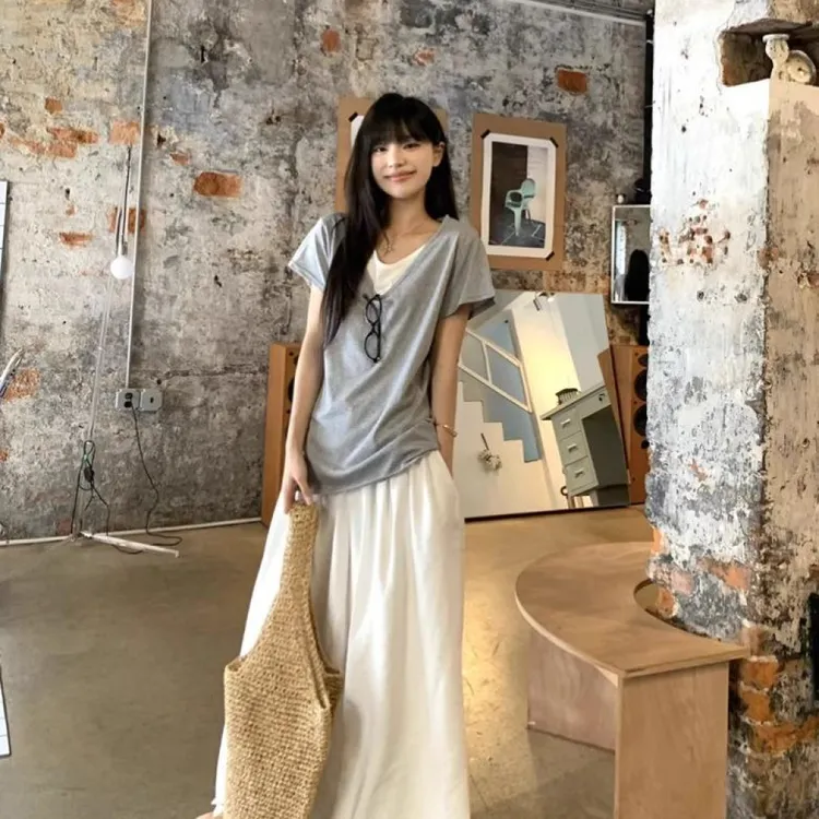 印像家拼接假两件v领短袖T恤宽松撞色设计感韩系ins衣服大版t恤女